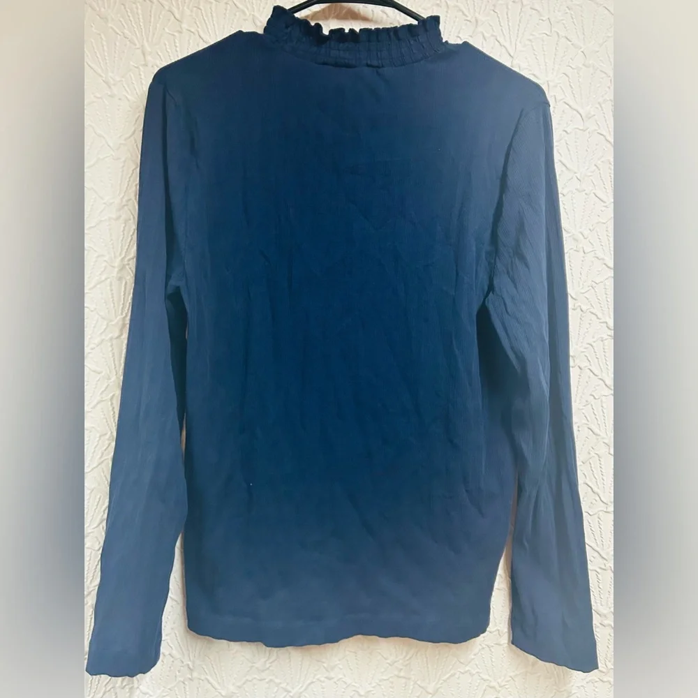 Loft XL Ribbed Navy Ruffle Neck Top - Picture 2 of 5